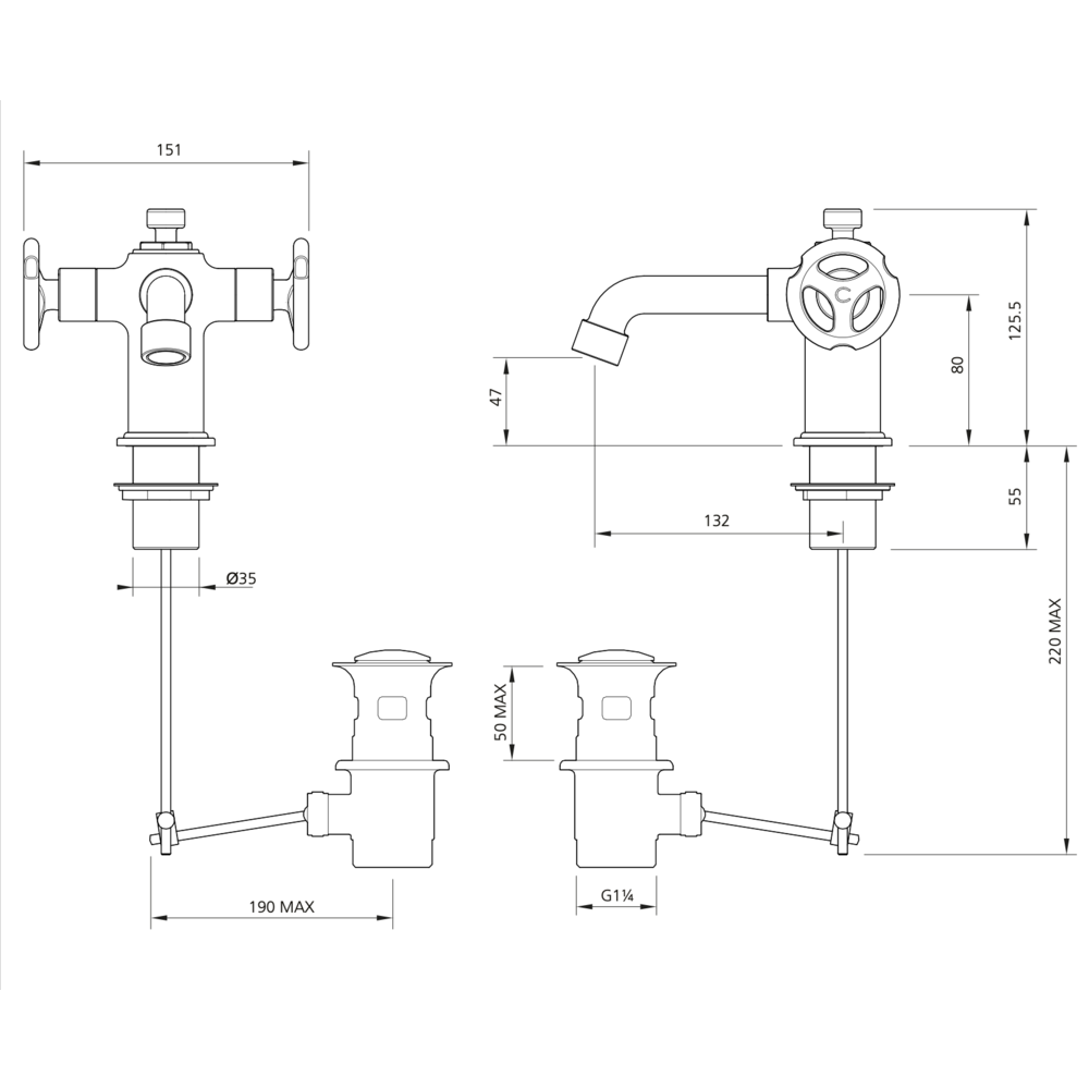 Lefroy Brooks 1920 Ten Ten LB1920 Ten Ten monobloc basin mixer with handwheels TH-1188