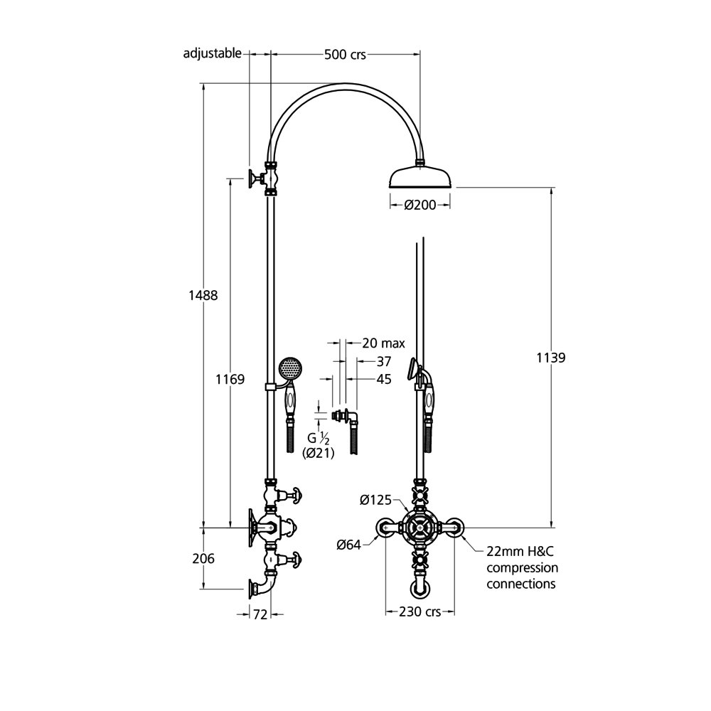 Lefroy Brooks 1910 La Chapelle LB1910 La Chapelle exposed shower set with hand shower, 20cm shower rose FRE-8620