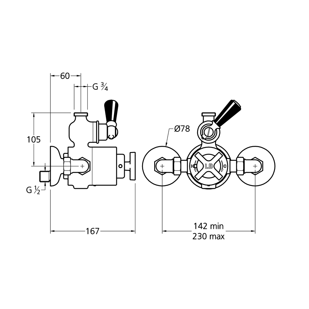 LB1930 Mackintosh opbouw douchethermostaat met 2  stopkranen MBE-8746 Lefroy Brooks 1930 Mackintosh Black LB1930 Mackintosh opbouw douchethermostaat met 2  stopkranen MBE-8746