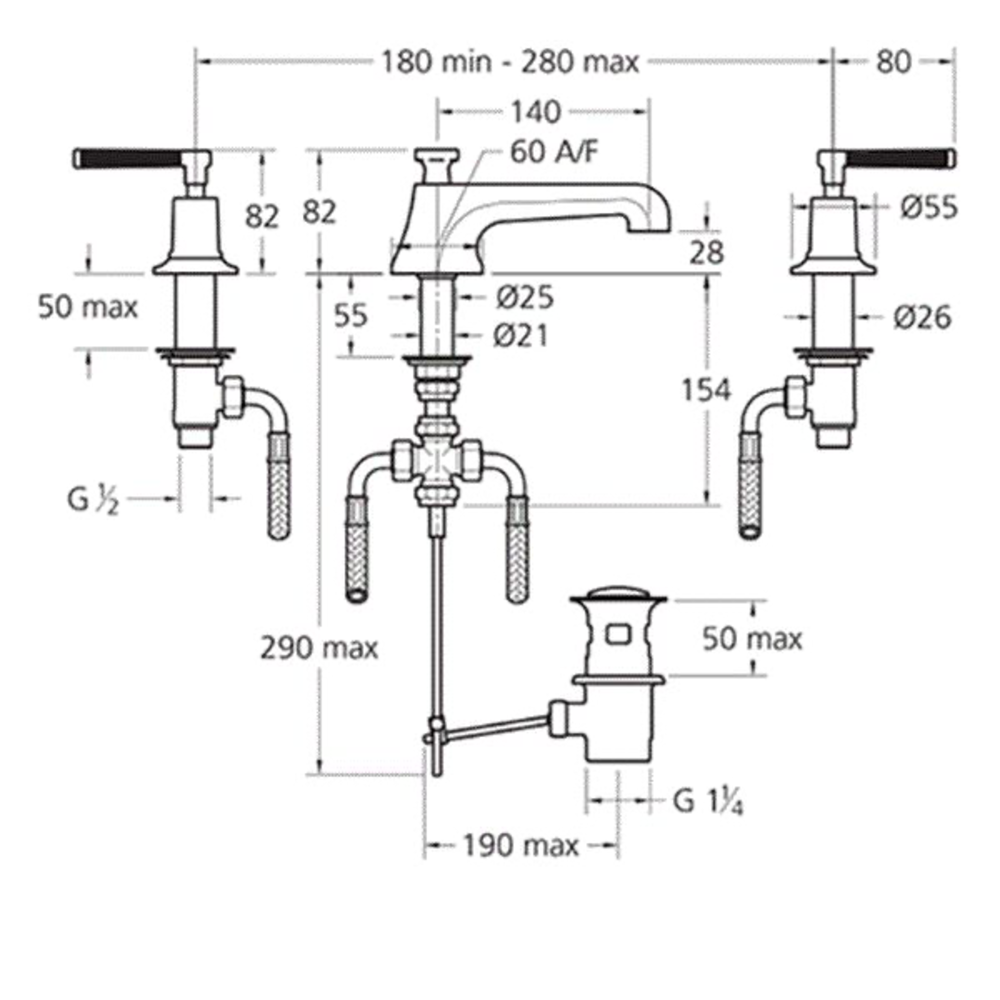 LB1930 Mackintosh 3-hole basin mixer with black lever handles MB-1228 Lefroy Brooks 1930 Mackintosh Black LB1930 Mackintosh 3-hole basin mixer with black lever handles MB-1228