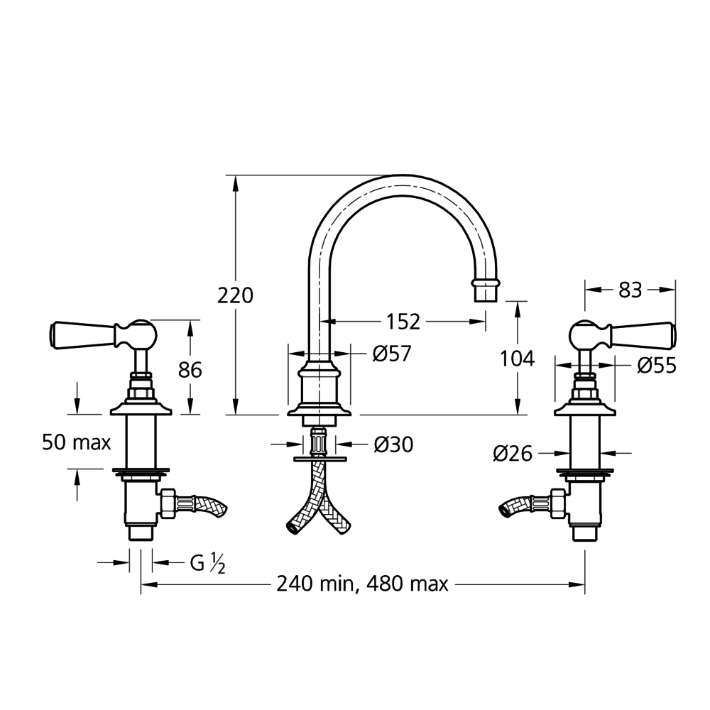 Lefroy Brooks 1900 Classic LB1900 Classic tubular 3-hole basin mixer with lever handles WL-1230