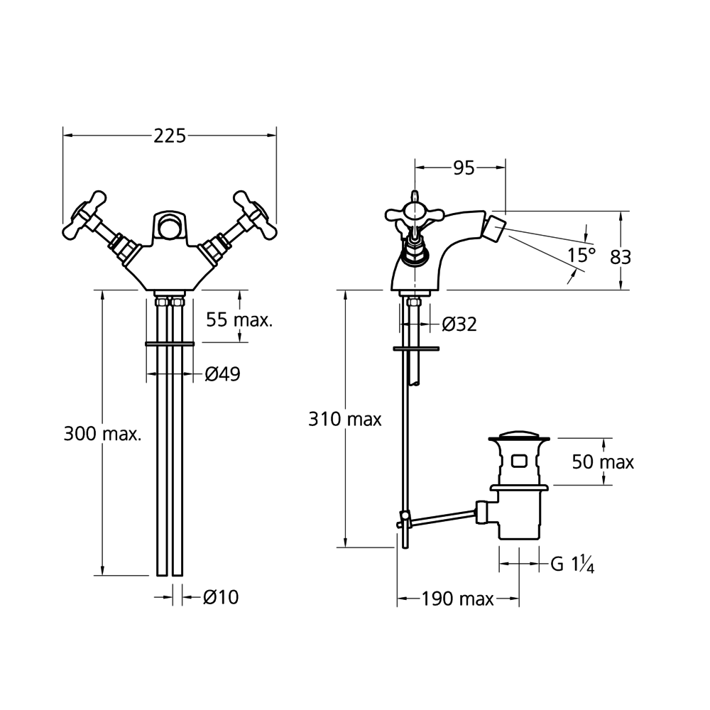 Lefroy Brooks 1900 Classic LB1900 Classic monobloc bidet mixer with crosshead handles LB-1195