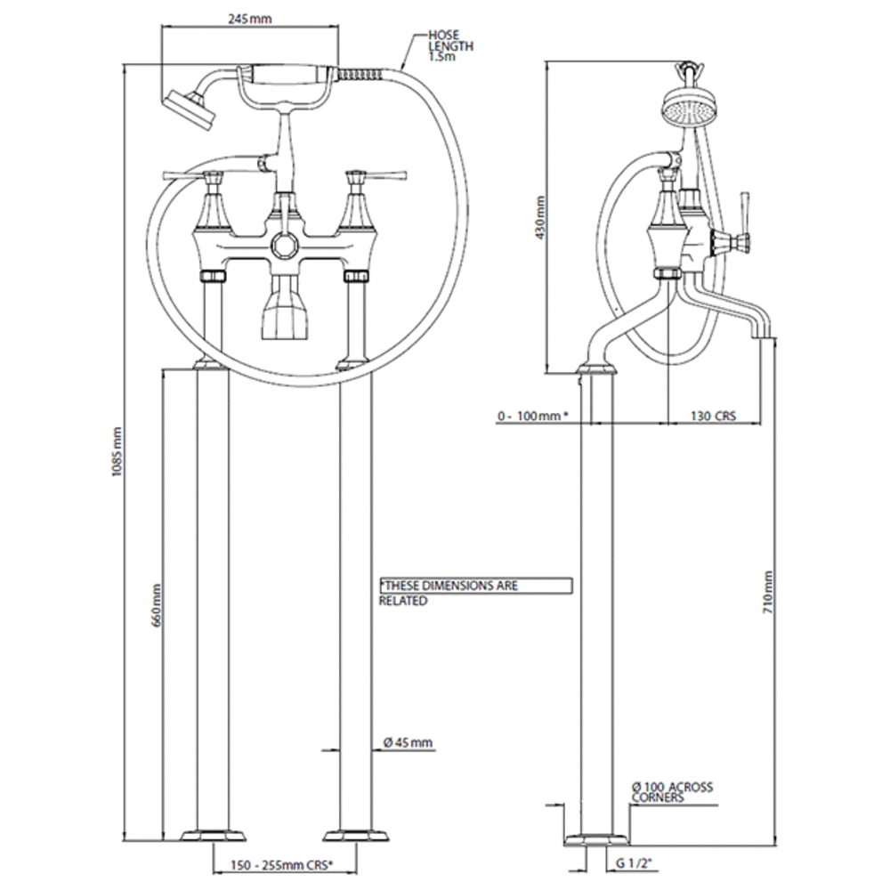 Perrin & Rowe Deco Deco Wannenarmatur mit Handdusche - Hebelgriff - freistehende Montage E.3120/1