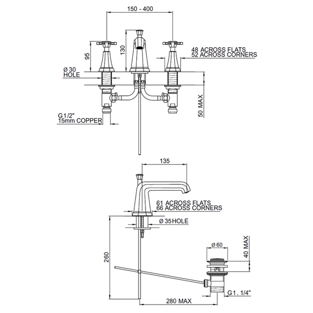 Perrin & Rowe Deco Deco 3-hole basin mixer with crosshead handles E.3142