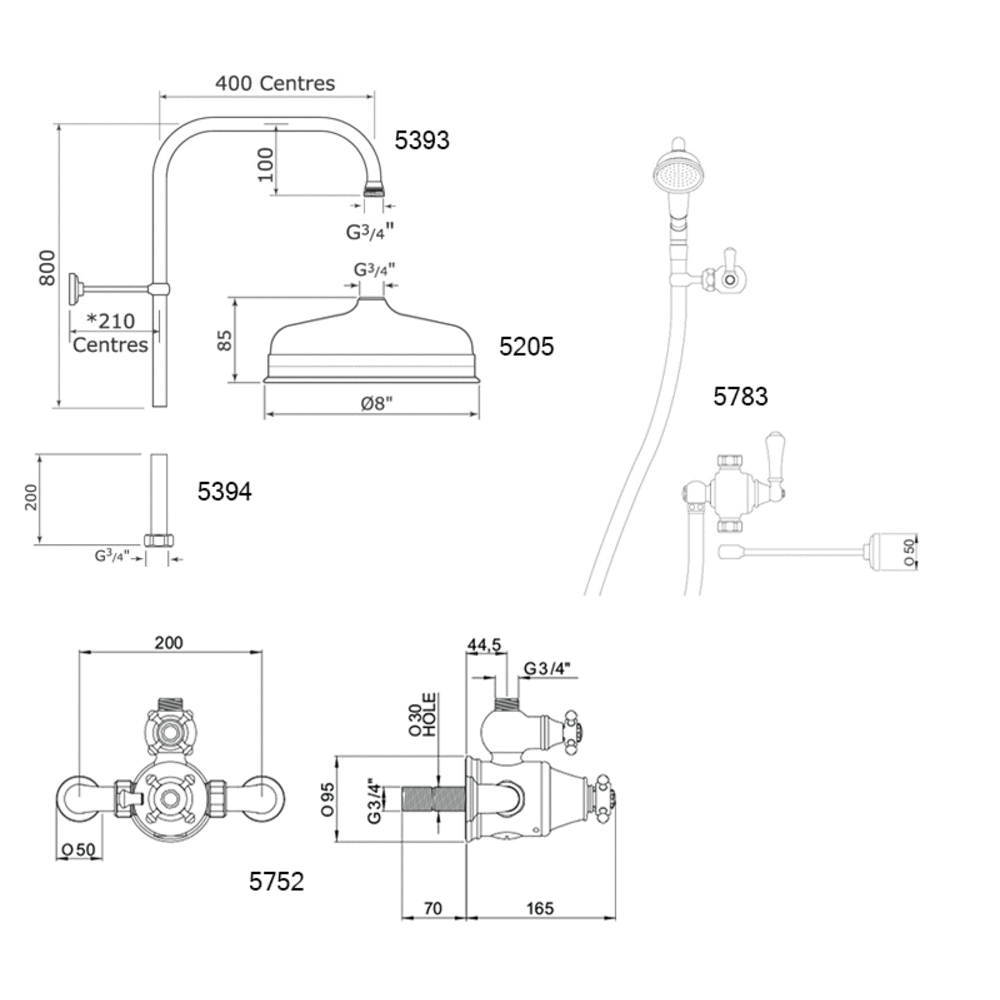 Perrin & Rowe Georgian Georgian Exposed shower set 2 with 8" or 12"  shower rose and hand shower