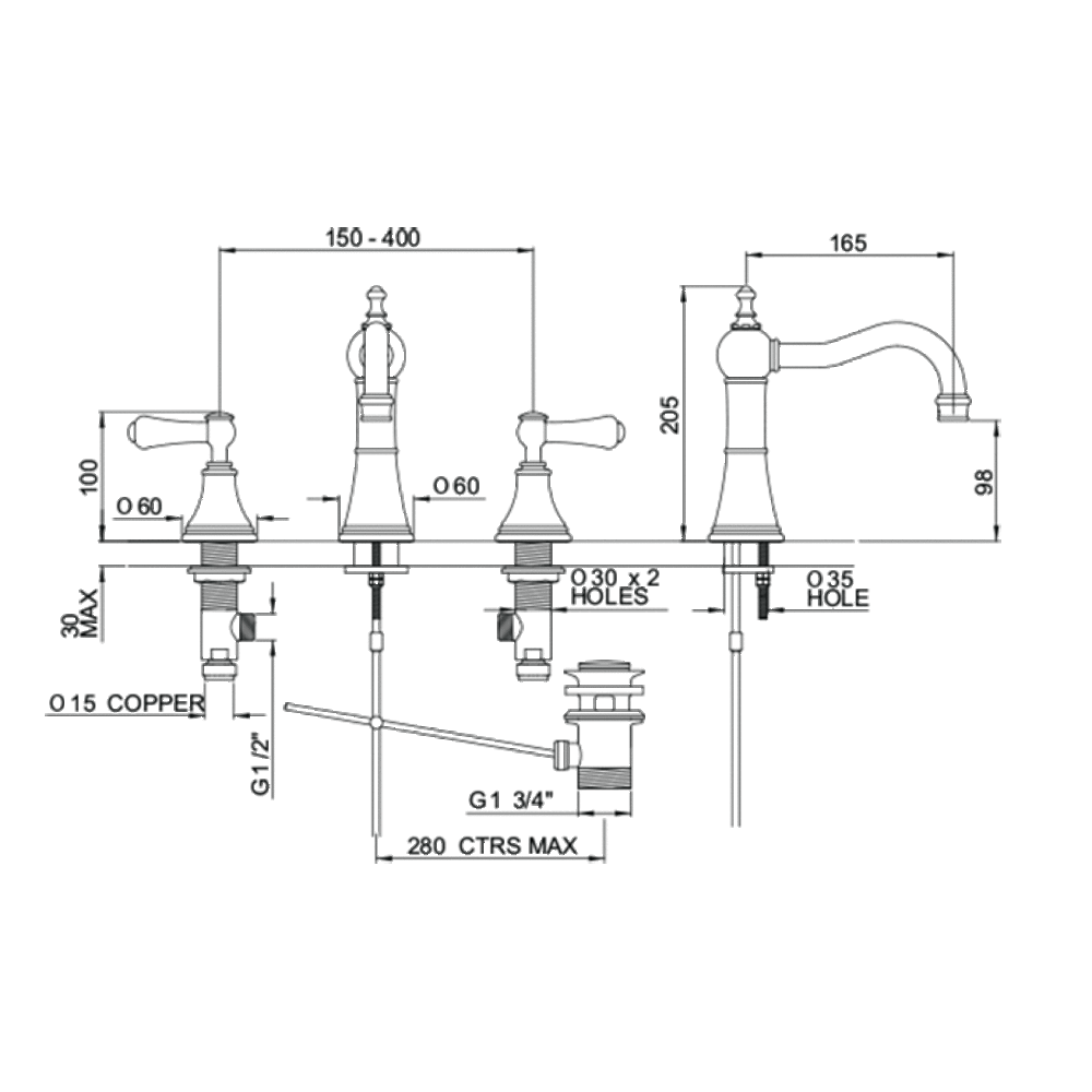 Perrin & Rowe Georgian 3-hole basin mixer with lever handles E.3723