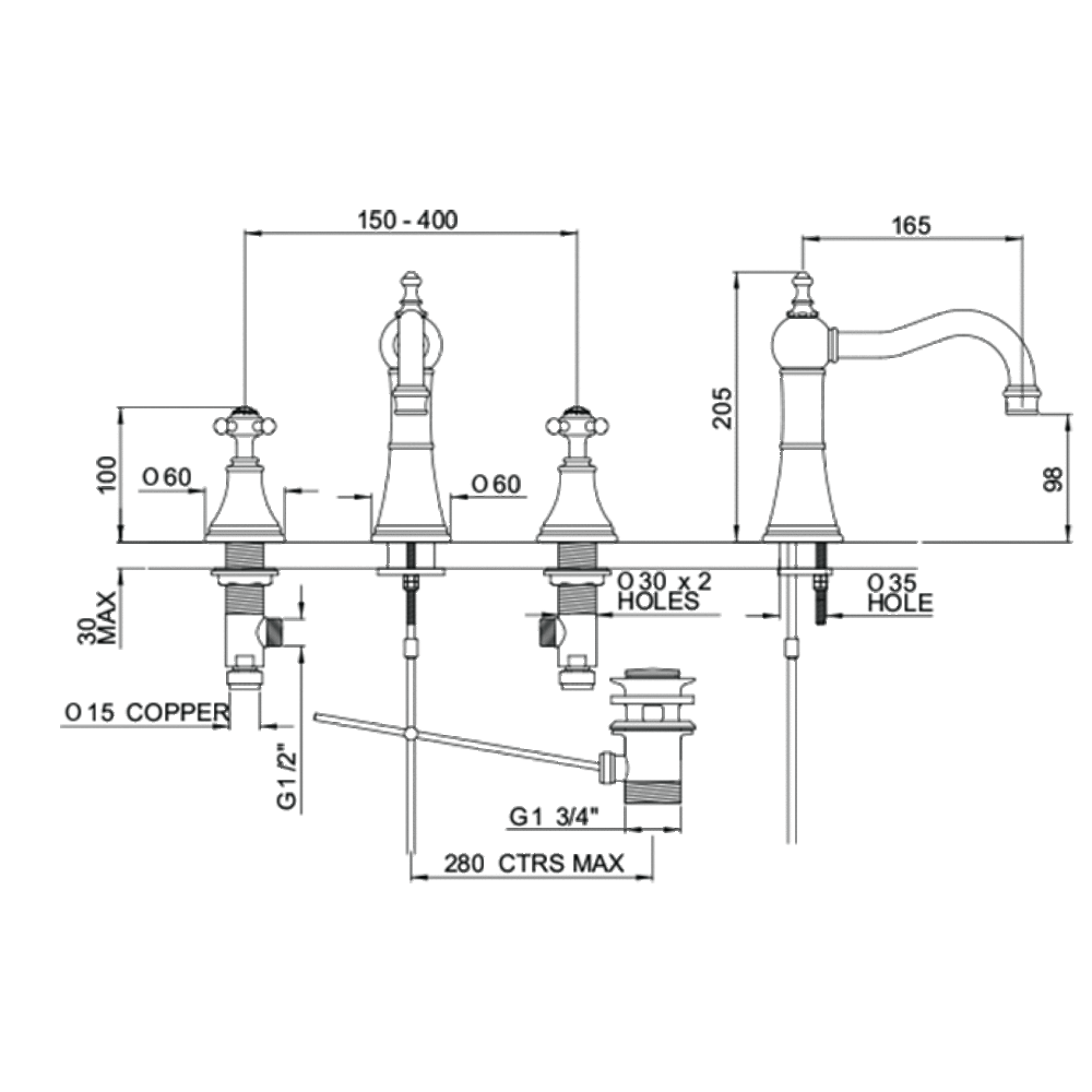 Perrin & Rowe Georgian 3-hole basin mixer with crosshead handles E.3724