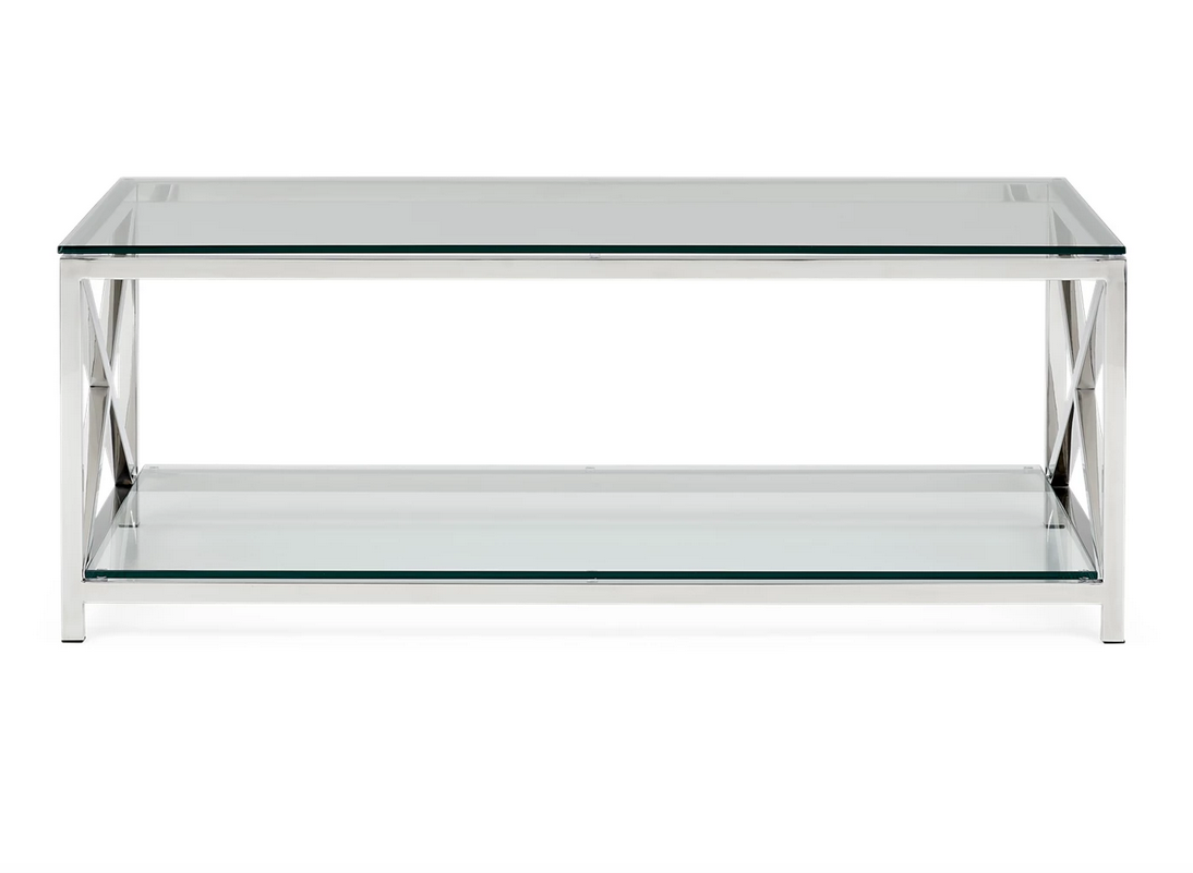 Neptune Manhattan rectangular coffee table, stainless steel with glass