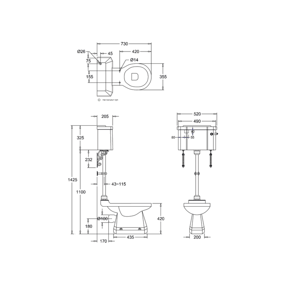 BB Edwardian Bespoke Medium level toilet with porcelain cistern - p-trap - Alaska Blue