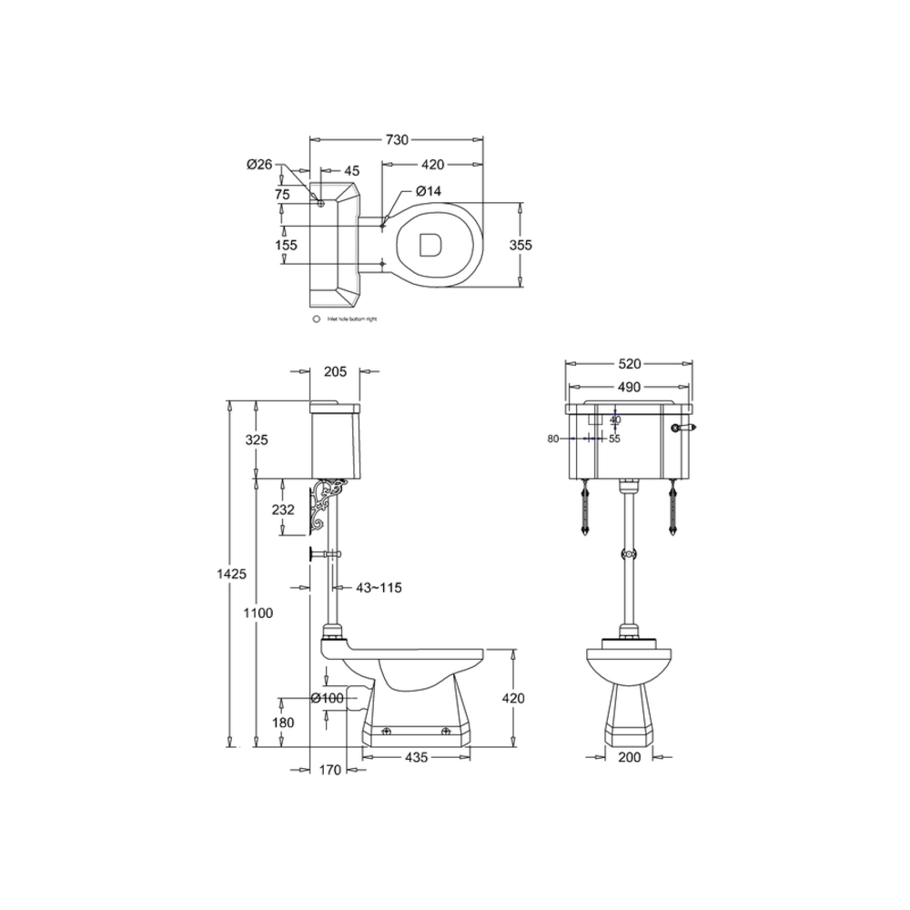 BB Edwardian Bespoke Medium toilet met porseleinen reservoir, achteruitlaat (PK)  - Alaska Blue