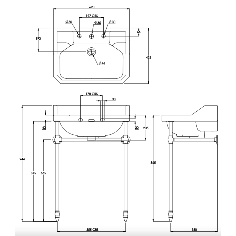 Lefroy Brooks 1900 Classic Klassisches Waschbecken 62cm mit Untergestell Metall - LB Charterhouse