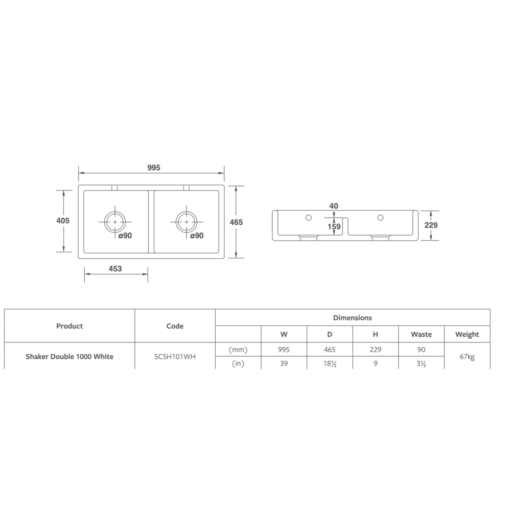 Shaws Kitchen sink Shaker Double 1000