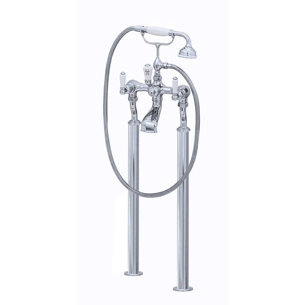 Perrin & Rowe Victorian White Free standing bath shower mixer with white levers E.3520/1