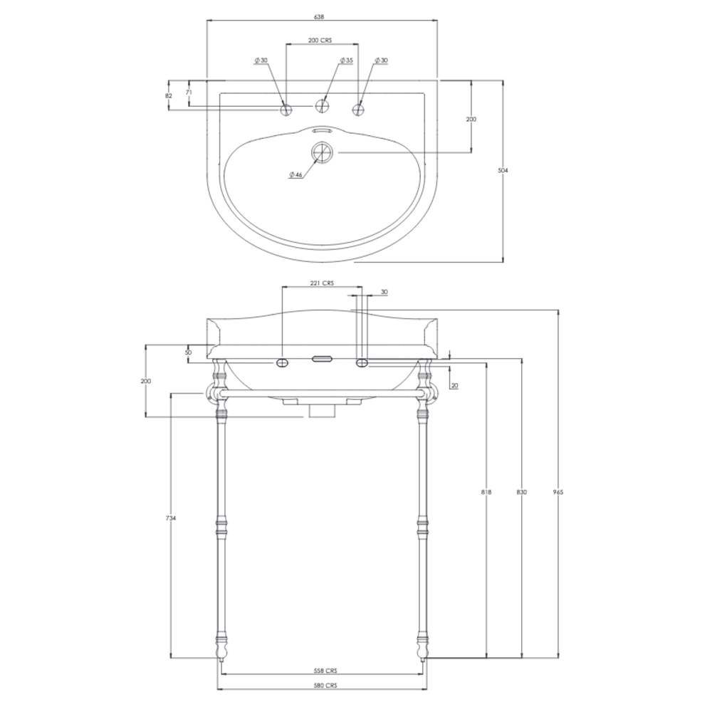 Lefroy Brooks Lissa Doon Klassisches Waschbecken 62cm mit Metall-Untergestell - LB Lissa Doon