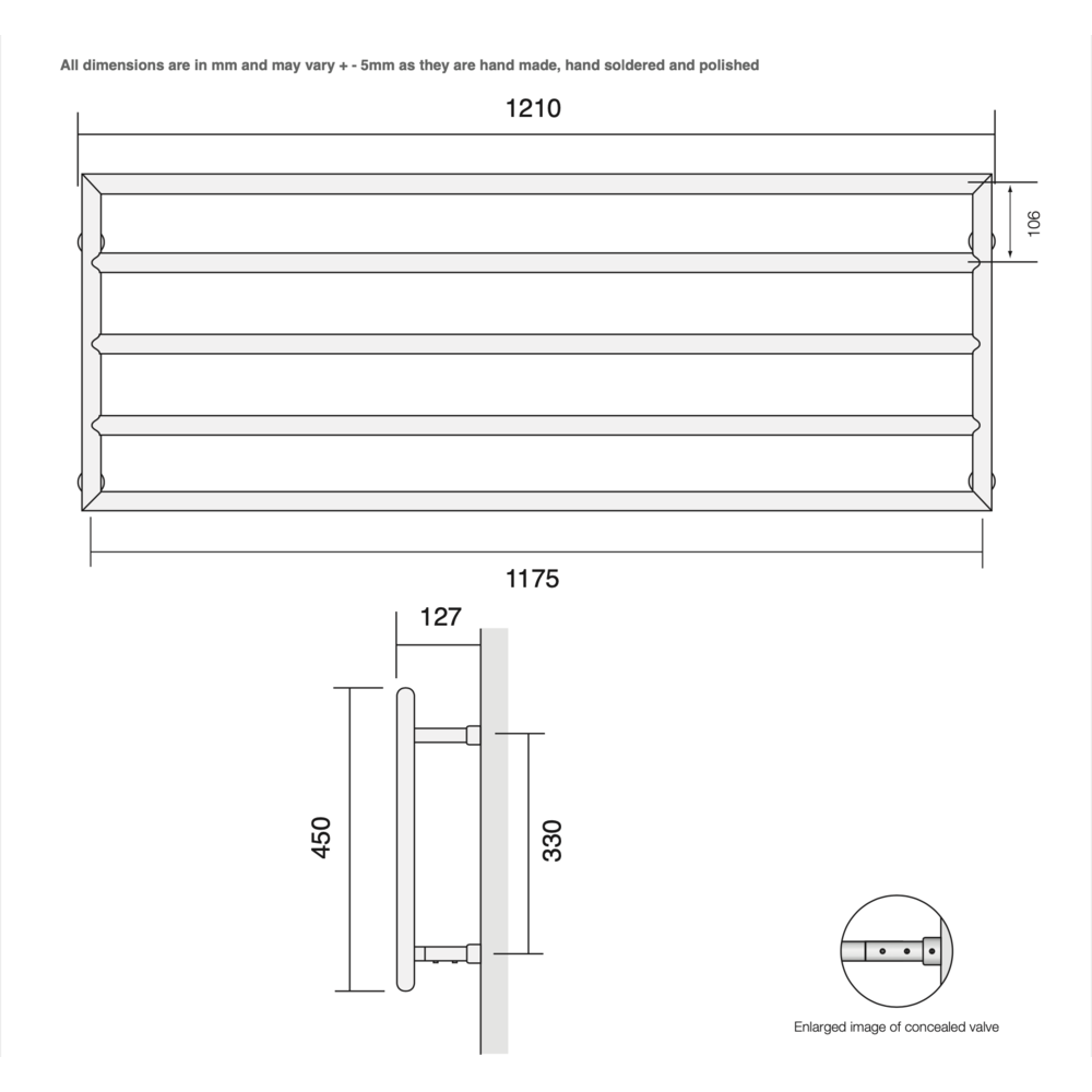 Bard & Brazier B&B Moderner Contemporary-Design Handtuchwärmer D-Rail DRW45/120- 384W