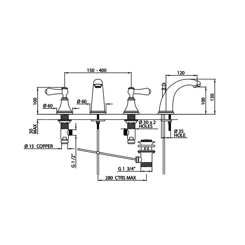 Perrin & Rowe Georgian 3-hole basin mixer with lever handles E.3712