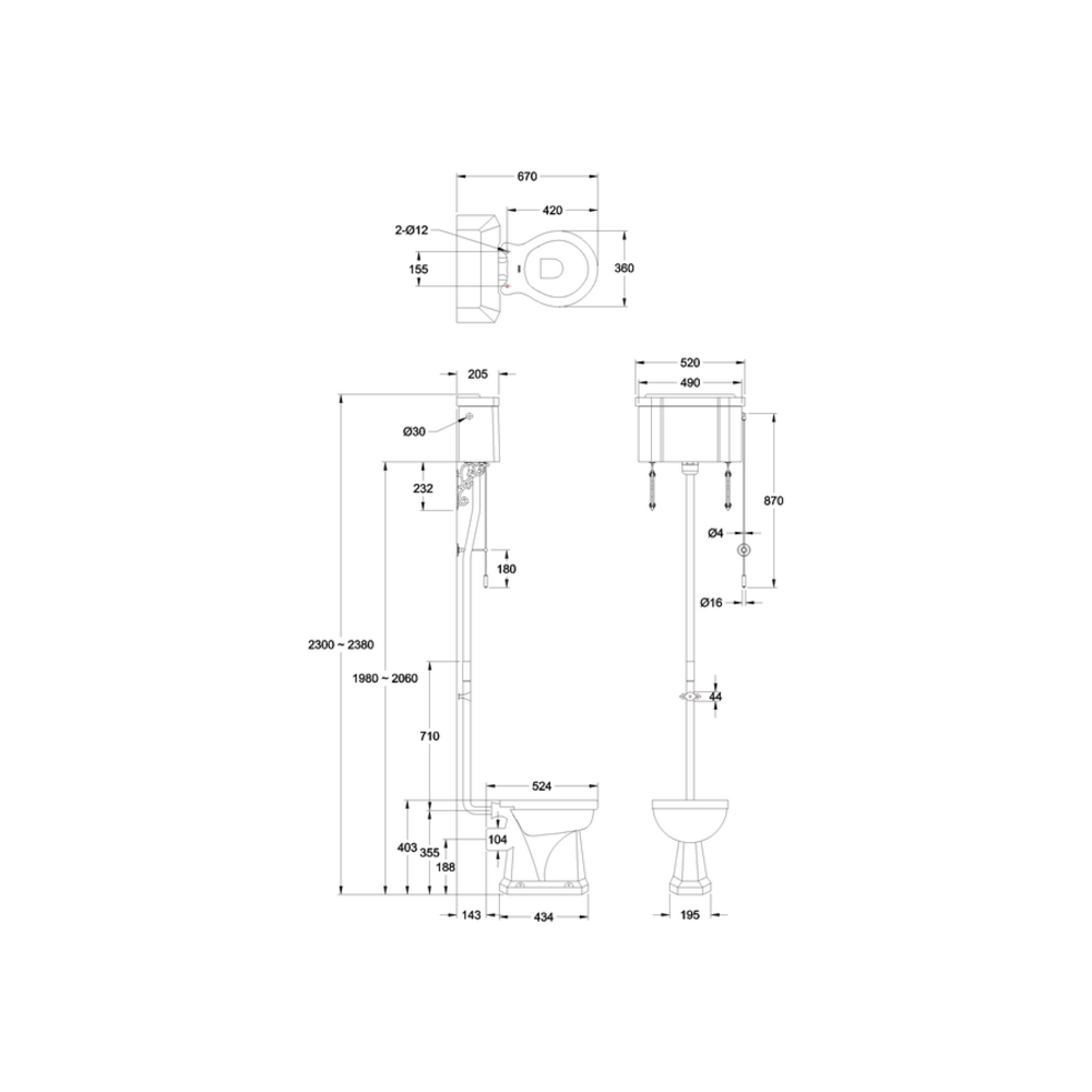 BB Edwardian High level toilet (s-trap) with porcelain cistern