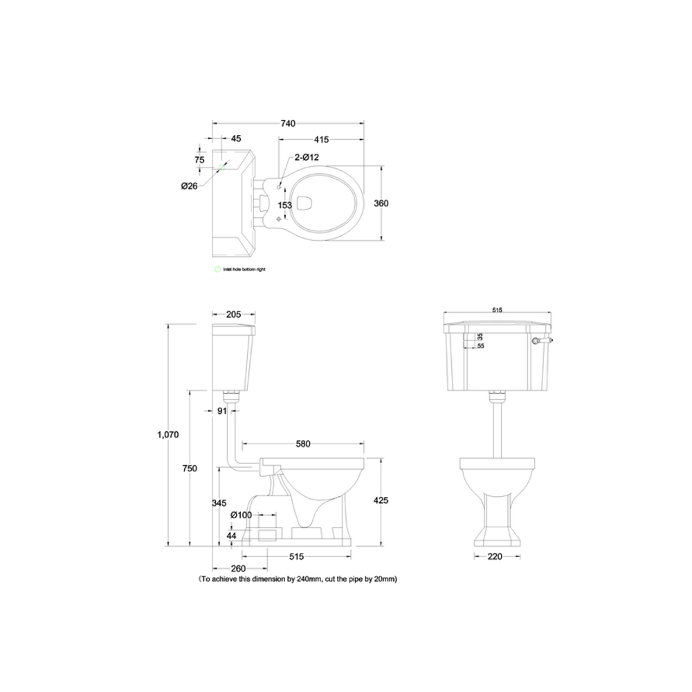 BB Edwardian WC-Kombination mit Aluminium-Spülkasten tiefhängend - integrierter Bodenabgang