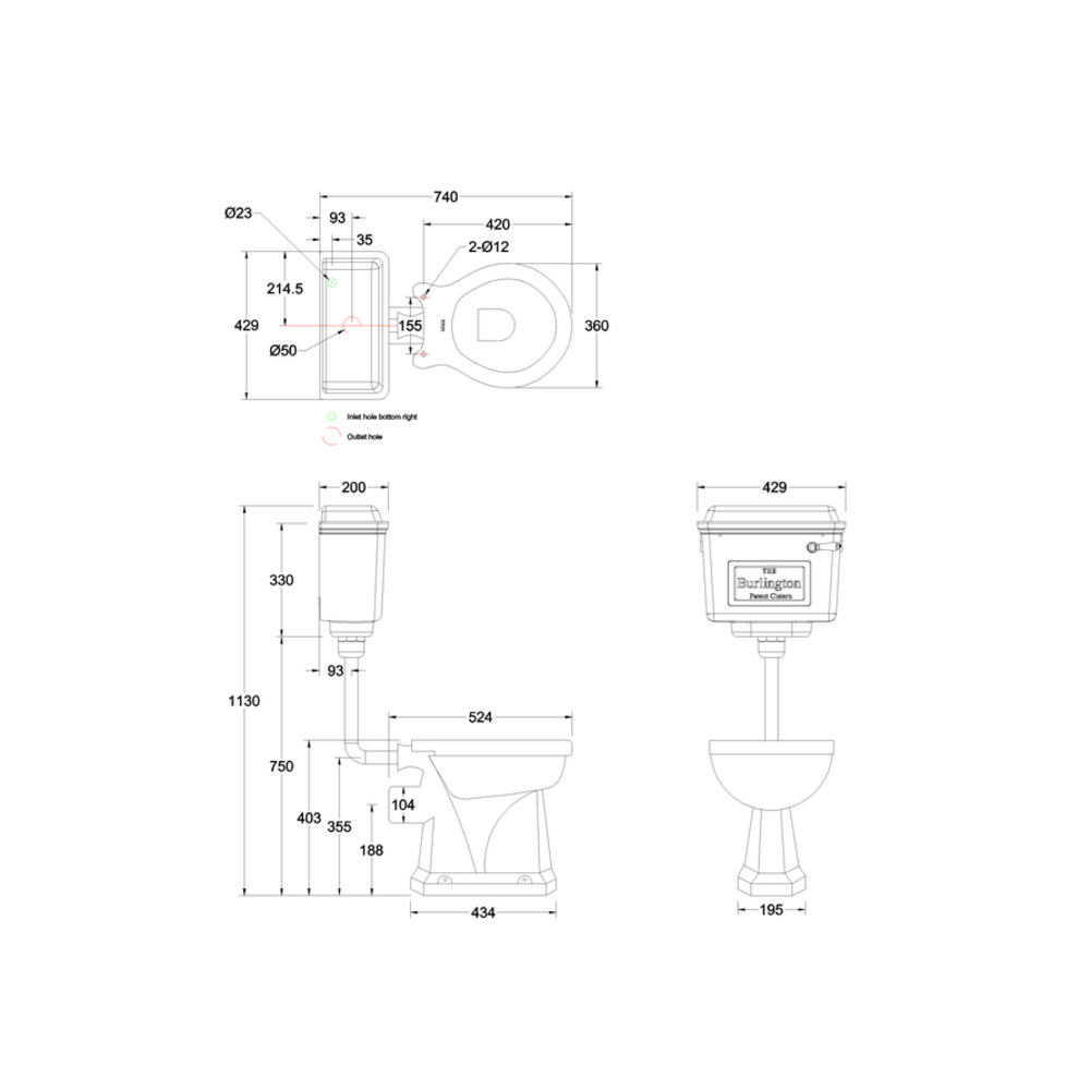 BB Edwardian Halfhoog toilet met aluminium reservoir, onderuitlaat (AO)