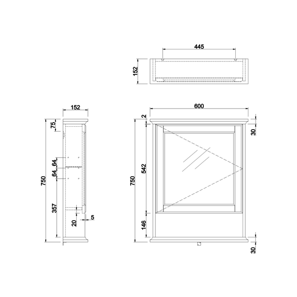 BB Edwardian 60cm Spiegelschrank mit Soft-Close Tür und Glasablage SM6015