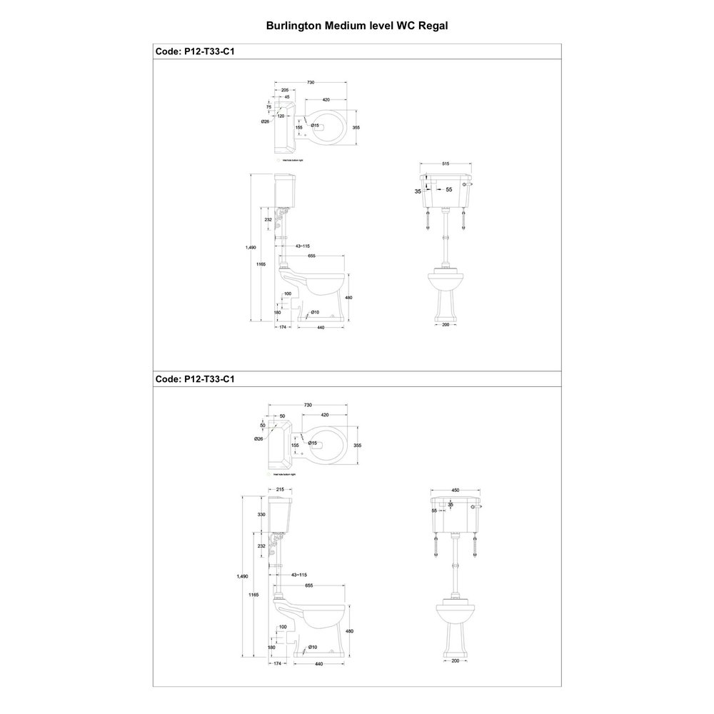 BB Edwardian Medium level toilet with porcelain cistern - p-trap