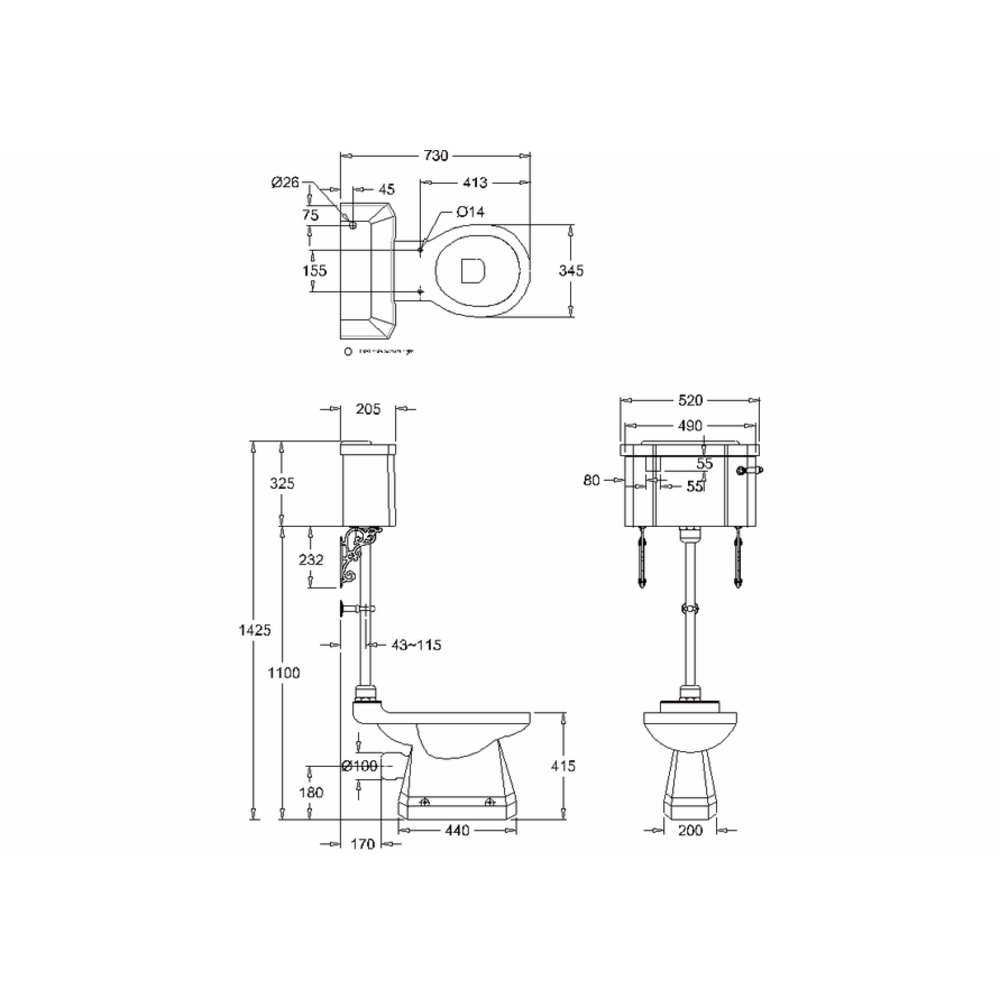 BB Edwardian Medium toilet zonder spoelrand met porseleinen reservoir, achteruitlaat (PK)