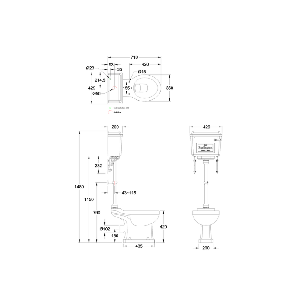 BB Edwardian Medium level toilet with aluminium cistern - p-trap