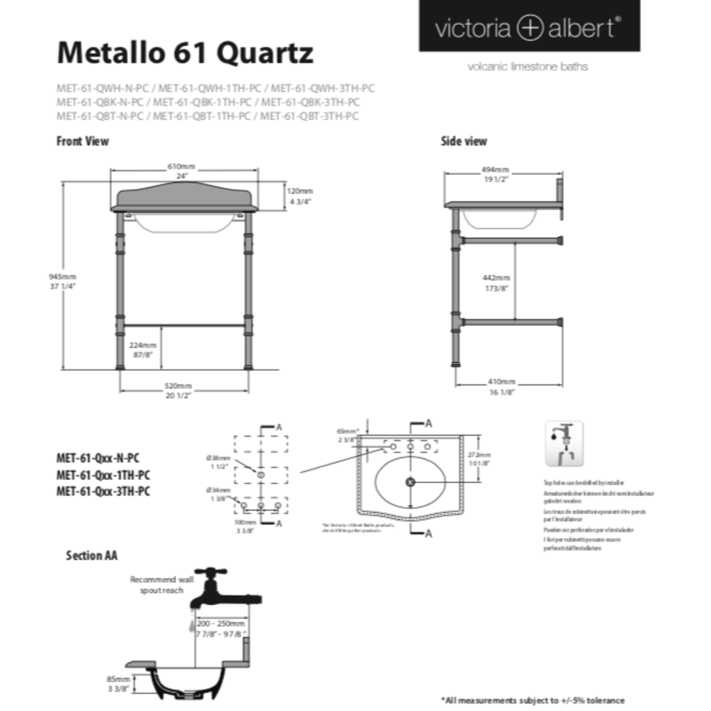 Victoria + Albert V+A Metallo 61 Quartz Waschtischgestell mit Unterbauwaschbecken MET-61-Q-PC