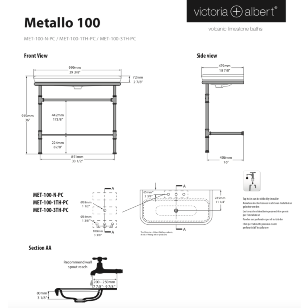 Victoria + Albert V+A Metallo 100 wastafel met chromen poten MET-100