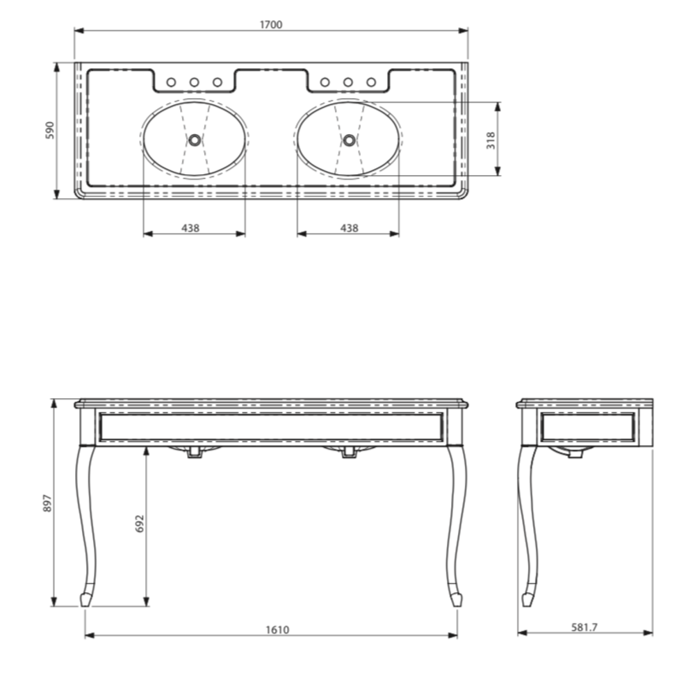 Lefroy Brooks Marble LB La Chapelle Doppel-Konsolenwaschtisch aus Black Marquina Marmor mit Cabriole-Füssen LB-6435BK