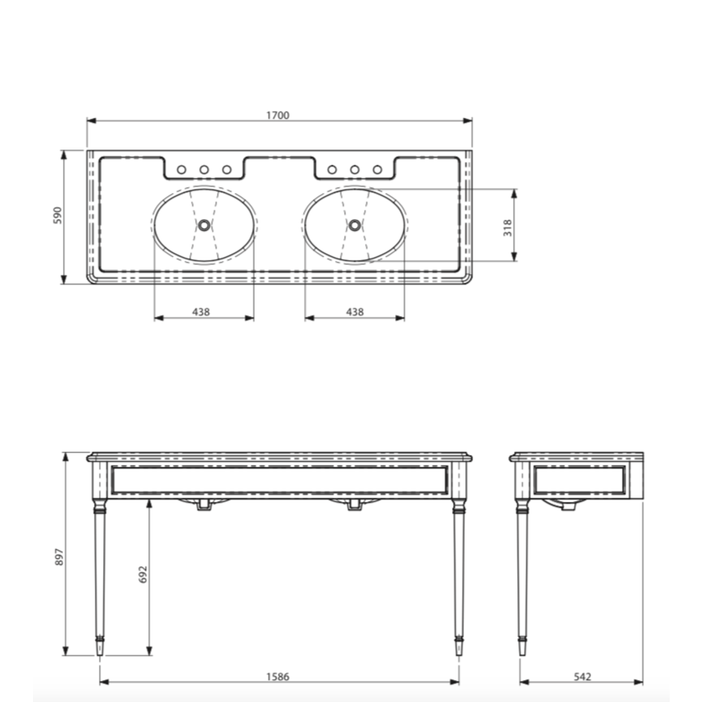 Lefroy Brooks Marble LB Edwardian Doppel-Konsolenwaschtisch aus Black Marquina Marmor mit Füssen LB-6434BK