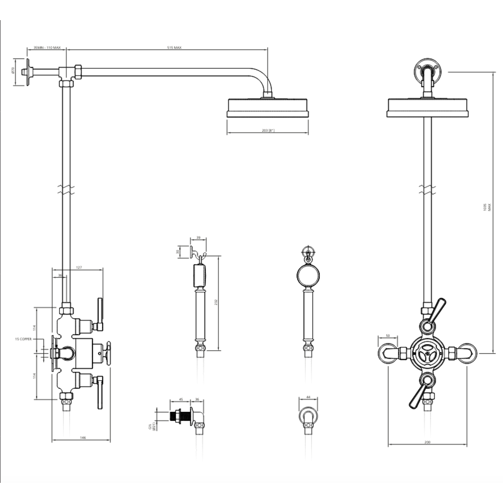 Lefroy Brooks 1920 Ten Ten LB1920 Ten Ten exposed shower set mit 8" or 12" rose and hand shower TTE-8742