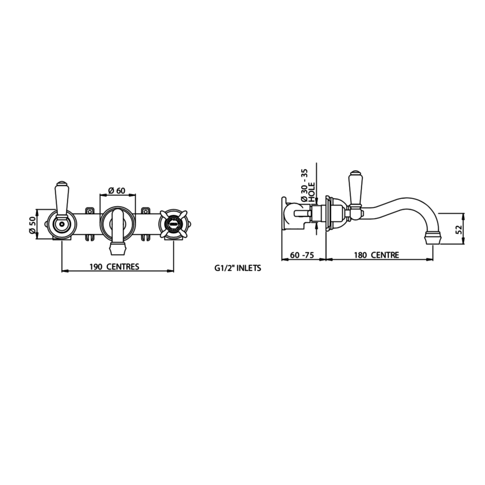 Perrin & Rowe Victorian White 3-hole wall mounted basin mixer with crosshead handles and country spout E.3513