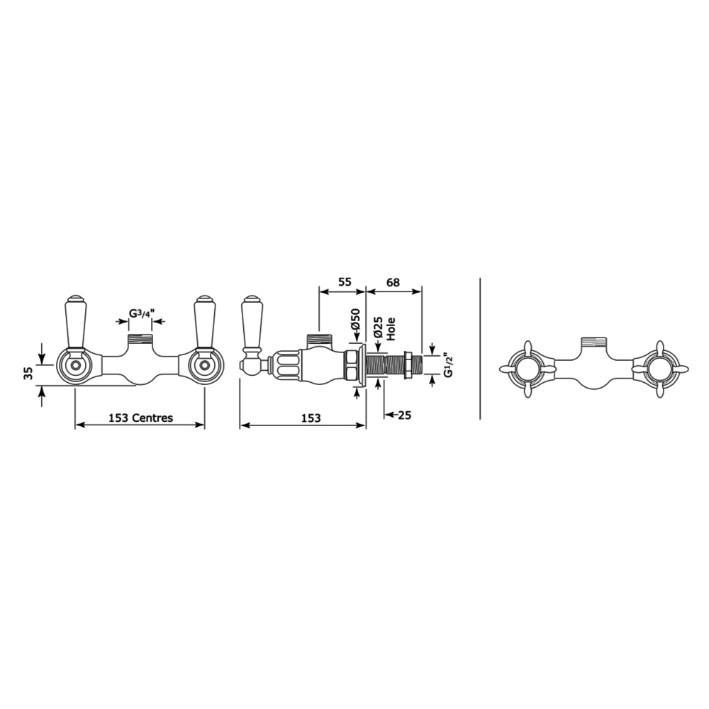 Perrin & Rowe Victorian White PR 2-Griff Duschmischer mit Kreuzgriff & Steigrohr E.5513+E.5381