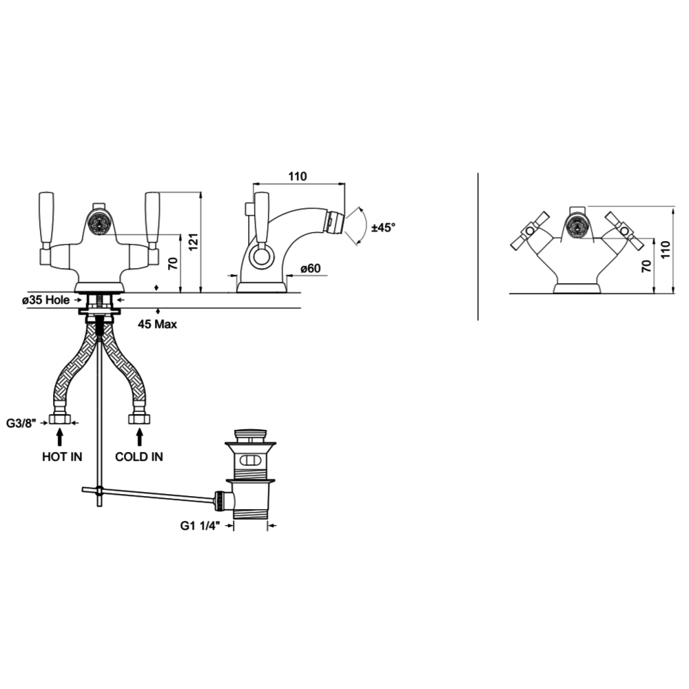 Perrin & Rowe Langbourn Langbourn 1-gats bidetkraan met kruisgrepen E.3876