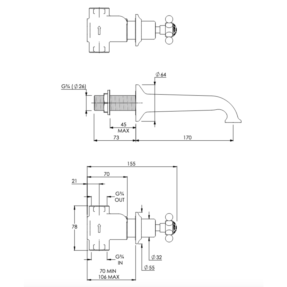 Lefroy Brooks 1900 Classic LB1900 Classic 3-hole wall mounted bath mixer with cross handles CH-1152