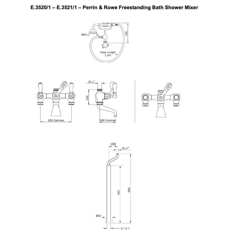 Perrin & Rowe Victorian Black Free standing bath shower mixer with black levers E.3520/1BL