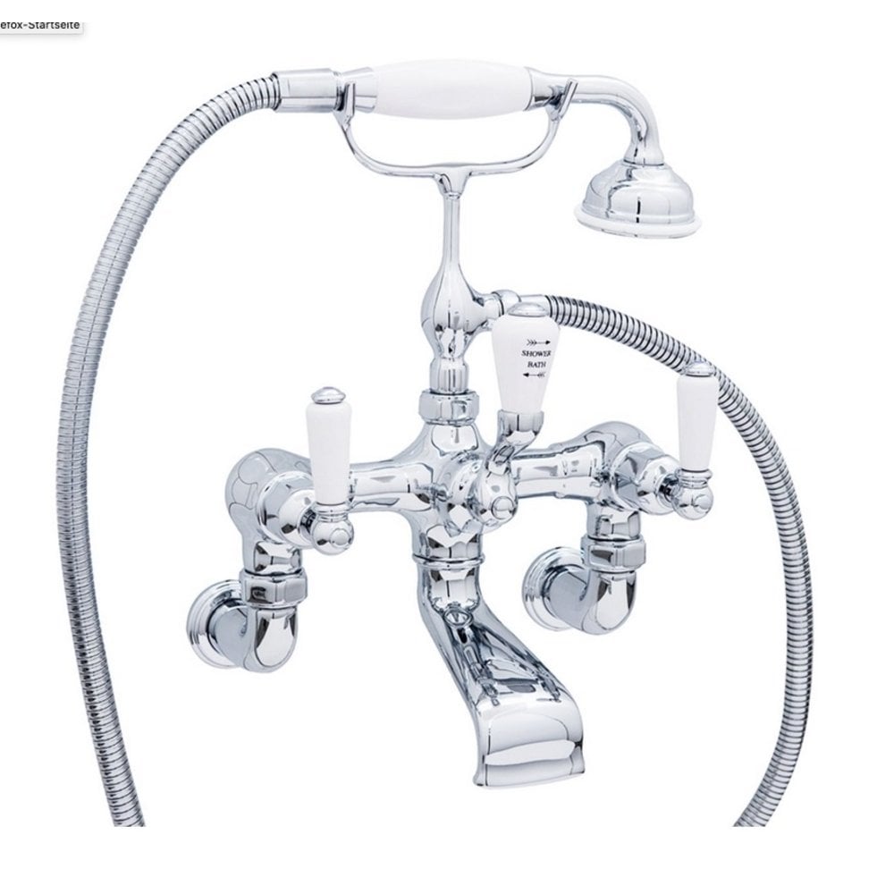 Perrin & Rowe Victorian White Wall mounted bath shower mixer with white lever E.3510/1