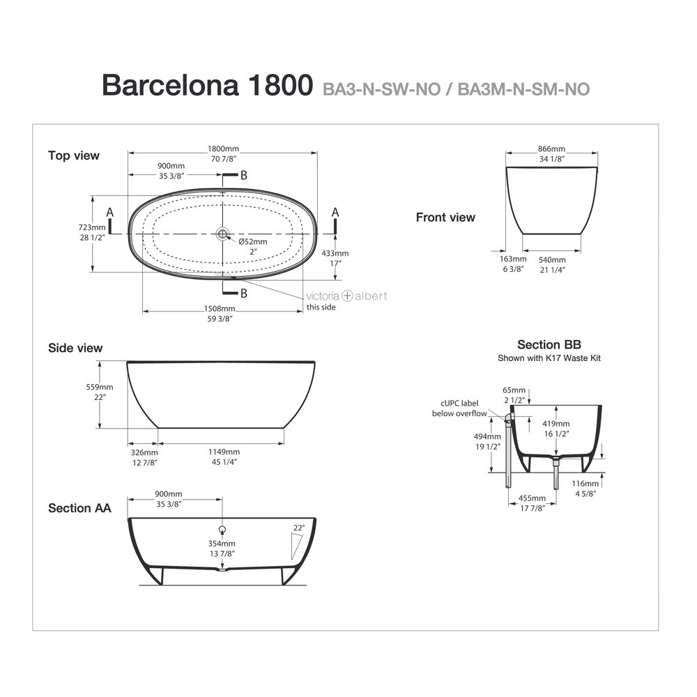 Victoria + Albert V+A vrijstaand bad Barcelona 1800