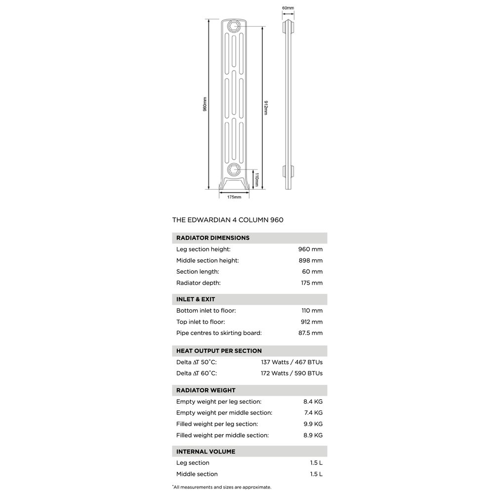Arroll Gietijzeren radiator Edwardian - 960 mm hoog