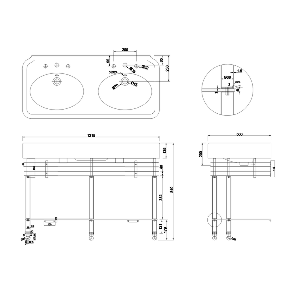 BB Arcade Arcade 1200mm basin with stand chrome or nickel