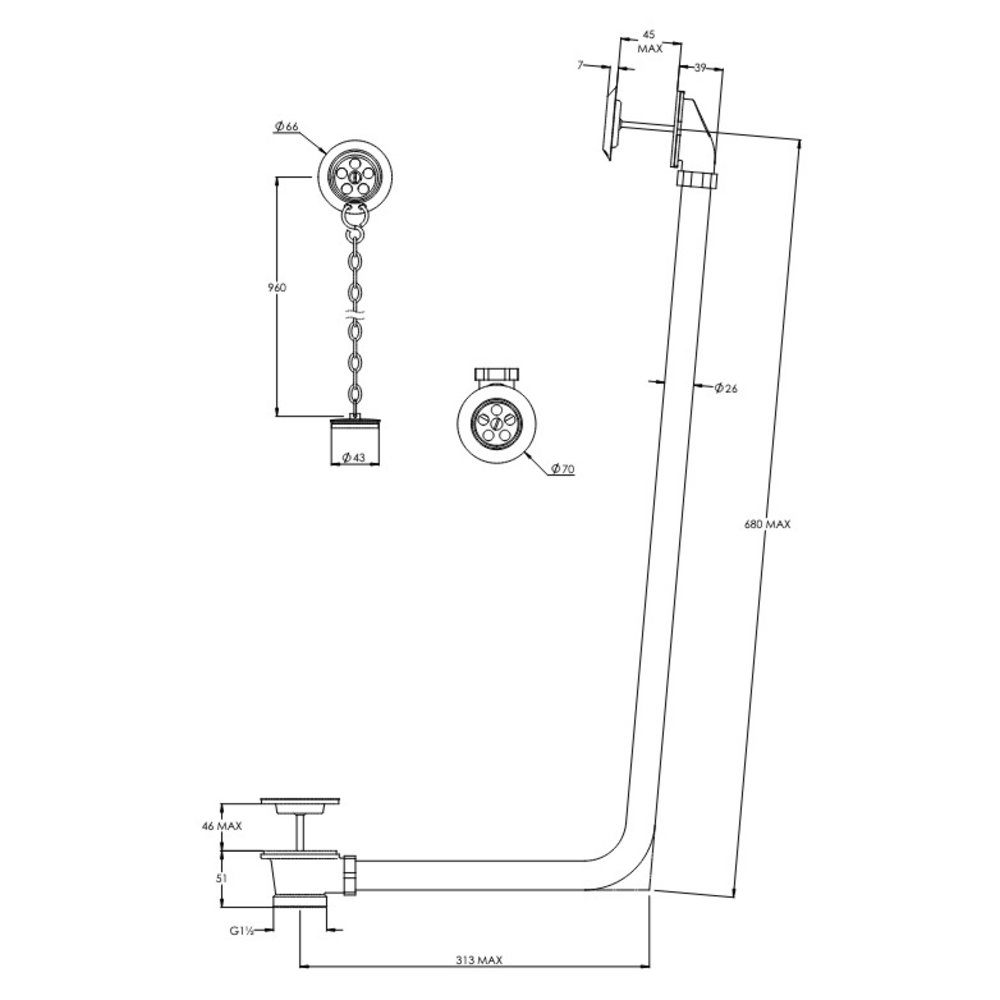 Lefroy Brooks LB exposed bath overflow with plug and chain EXT-LB-1382