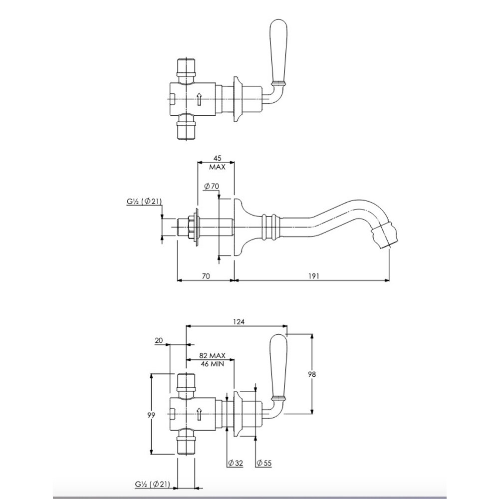 Lefroy Brooks 1910 La Chapelle LB1910 La Chapelle 3-hole wall mounted basin mixer with lever handles FM-1208