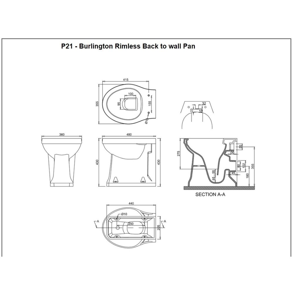 BB Edwardian Staande toilet pot zonder spoelrand - tegen de muur te monteren