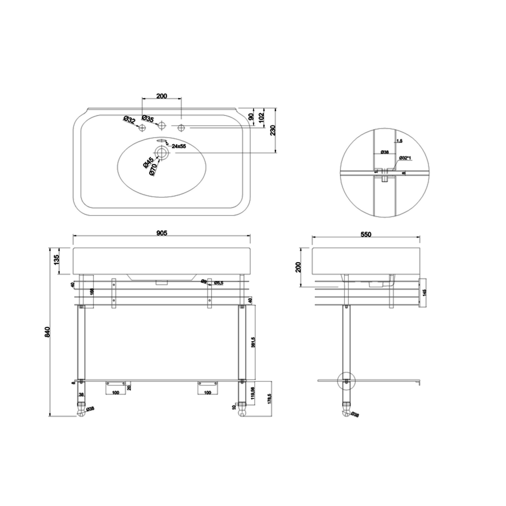 BB Arcade Arcade 900mm wastafel met onderstel chroom of nikkel