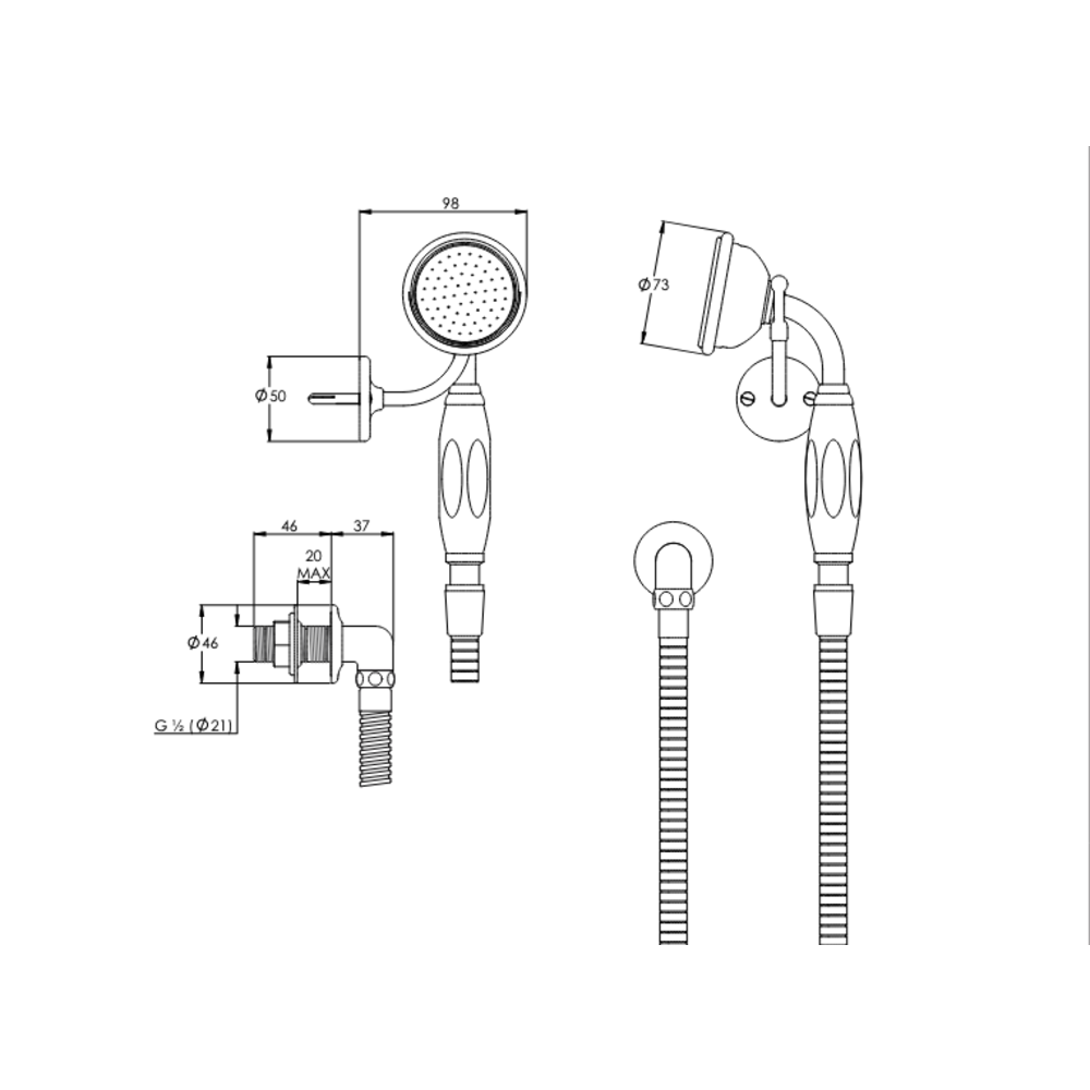 Lefroy Brooks 1910 La Chapelle LB1910 La Chapelle handset with hook, hand shower, hose and wall outlet FR-1761