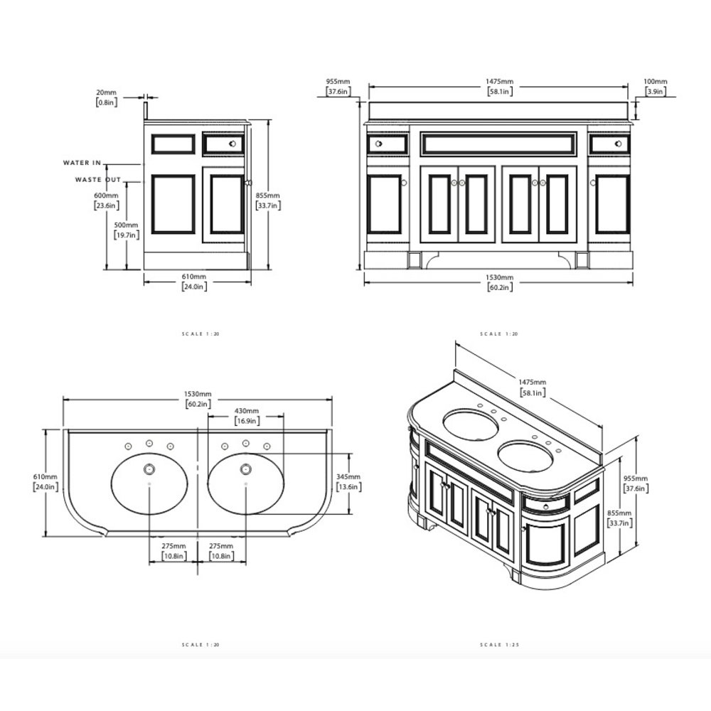 Porter Bathroom Stratford Double Moher VP101 - massief houten badmeubel met  deuren, natuursteen blad en inbouw wastafels