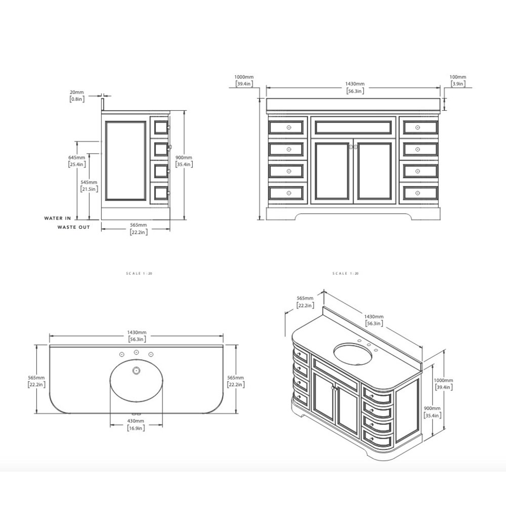 Porter Bathroom Regent Mid Coole VP107 - massief houten badmeubel met  deuren, natuursteen blad en inbouw wastafel