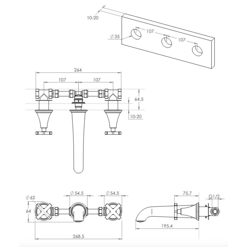 Porter Bathroom Hepworth 3-gats wand wastafelkraan met kruisgrepen BB604