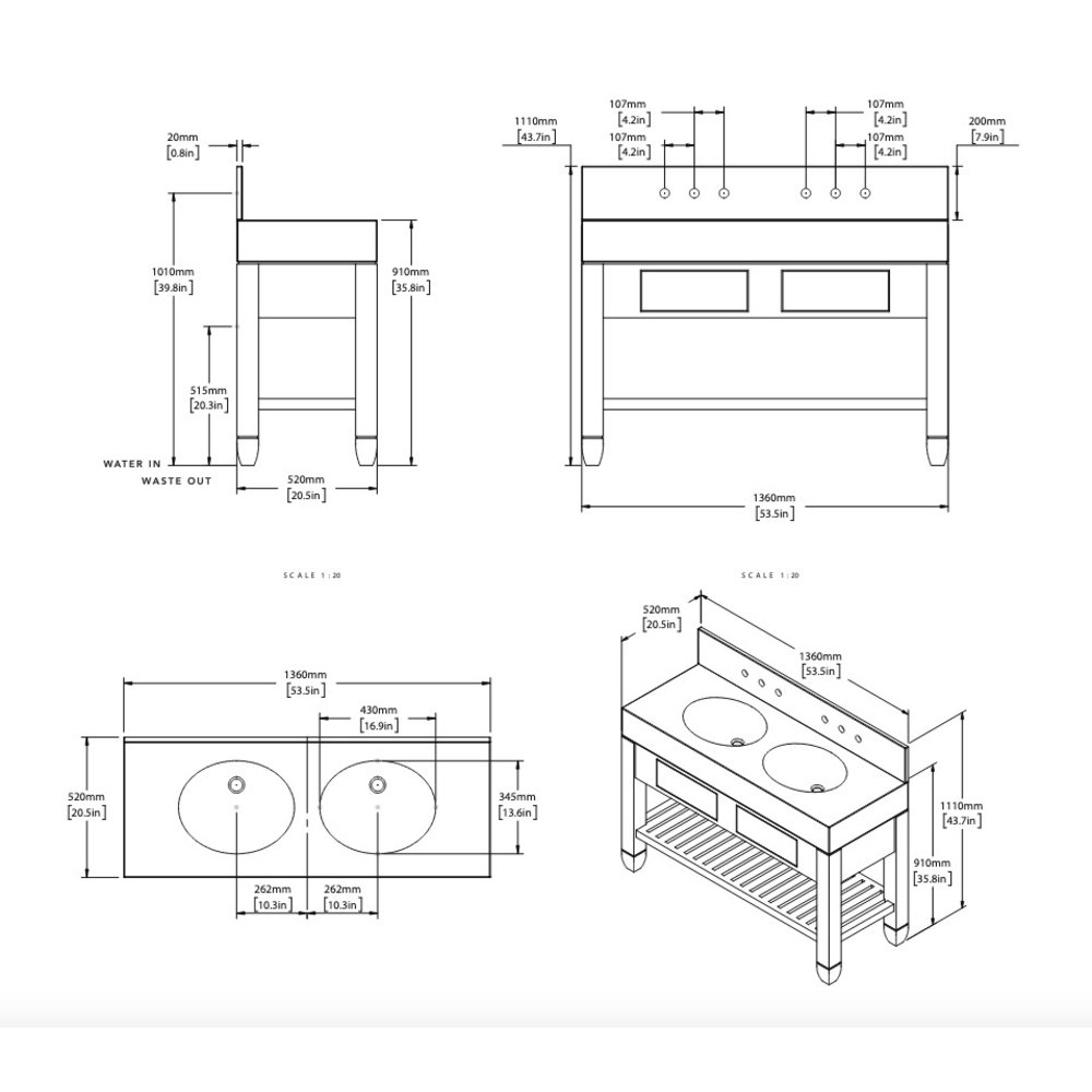 Porter Cavendish Cavendish Block Double Coole VP127 - Massivholz-Waschtisch-Unterschrank mit Schubladen und Natursteinplatte inklusive Einbauwaschbecken